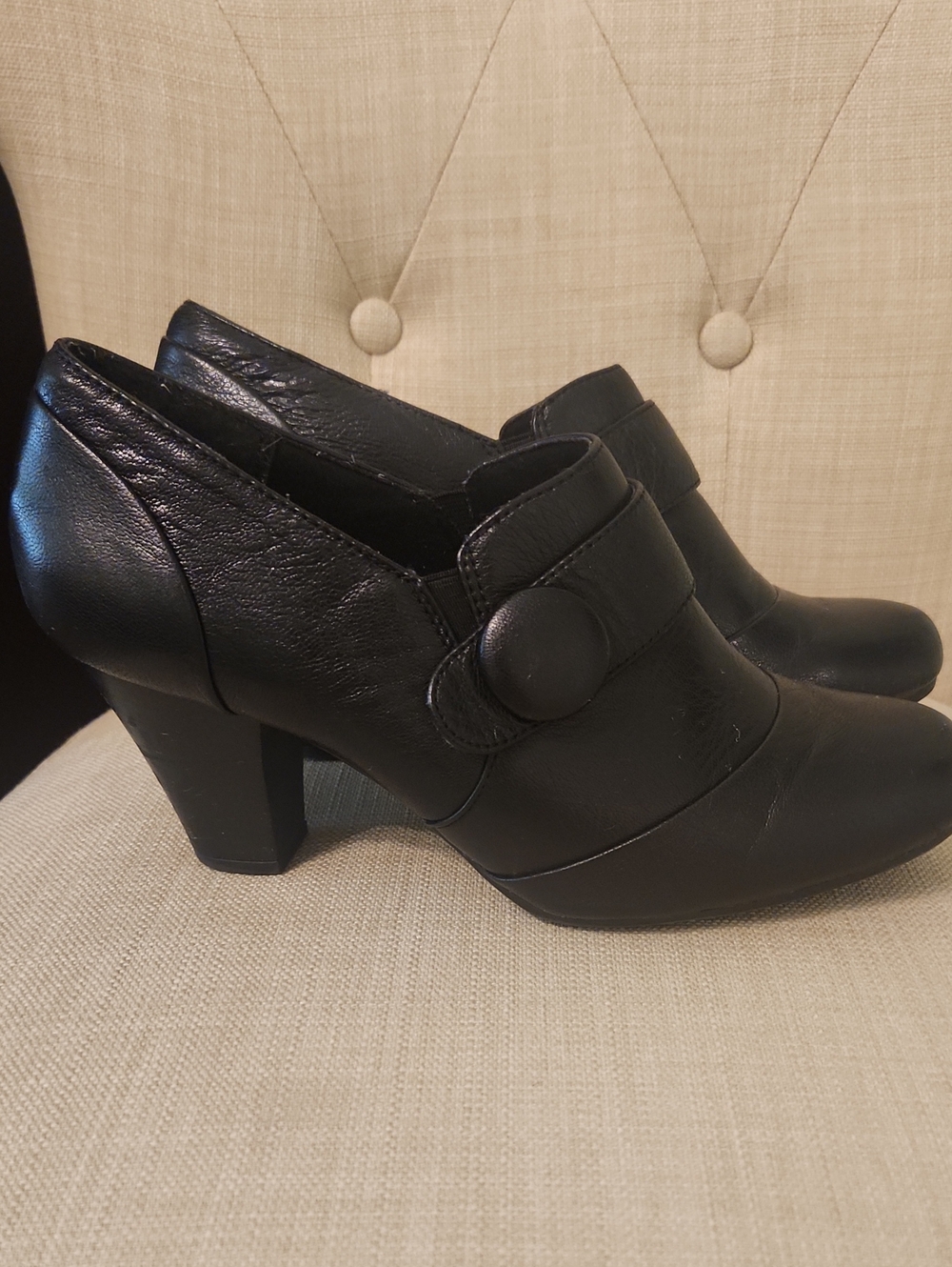Clarks Black Leather Button-Strap Heeled Booties